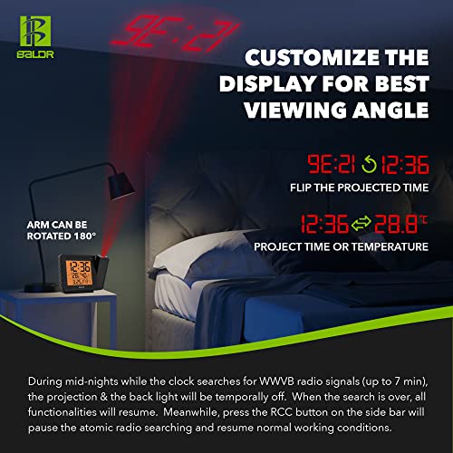 Baldr Projection Alarm Clock - Atomic Digital Alarm Clock With Projection On Ceiling - Perfect Projection Alarm Clocks For Bedrooms - Display Time On Ceiling With Calendar And Indoor Temperature #TOP4