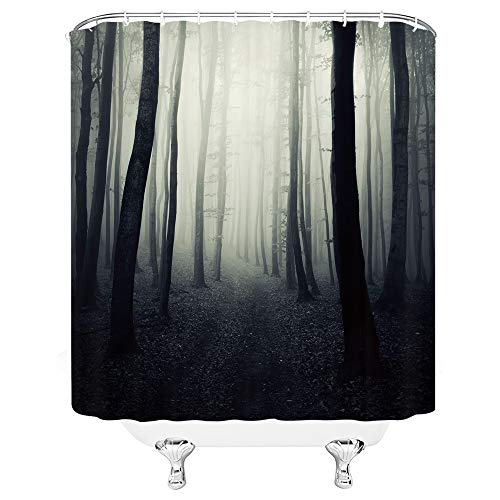 Qyvlhd Horror Forest Shower Curtain Mysterious Jungle Dark Fantasy Night Gothic Tall Bushes Shrouded In Dense Fog Haunted House, Polyester Fabric,With Hook Dark (Black, 70 X 70 Inch) #TOP2
