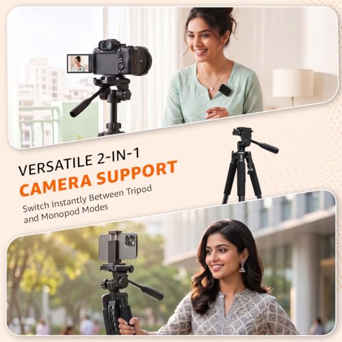 Image of Amazon Basics 55-Inch Aluminium Tripod, Lightweight Portable Camera Tripod Stand with Carry Bag, 3-Way Pan Head, Quick Release Plate, for Smartphones, GoPro & DSLR, Load Capacity up to 5kg