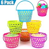 Sizonjoy 6 Pcs Easter Baskets with Handles for Kids, 8.6' Plastic, Easter Bucket Bags Filled with Grass-Perfect Theme Party Favors Decorations