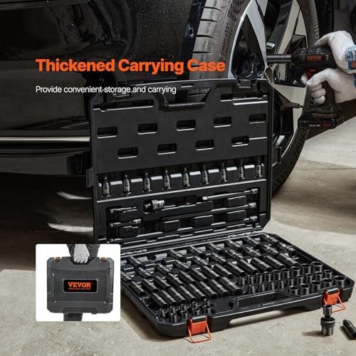Image of VEVOR Impact Socket Set 3 /8 inch Drive, 90 PCS, CR-MO, SAE 1 /4 inch-3 /4 inch Metric 6-19mm, with Shallow & Deep Sockets, Swivel & E-Torx & Bit socket Sockets, Extension Bars, Adapters, Universal Joint