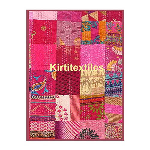 Image of Silk Hand Made Design Kantha Quilt Blanket, Bed Cover, Bedspread (Size 90 inch X 108 inch) - Multicolour