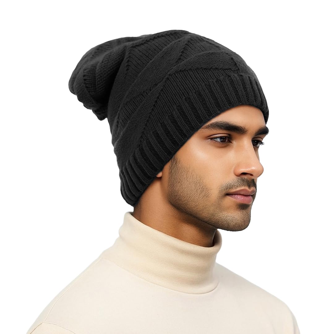 SLOVIC Winter Cap for Man | Beanie Cap for Men | Acrylic Woolen Cap for Man | Wnter Wear for Women Stylish Caps | Breathable, Lightweight & Windproof Winters Caps for Women | Black