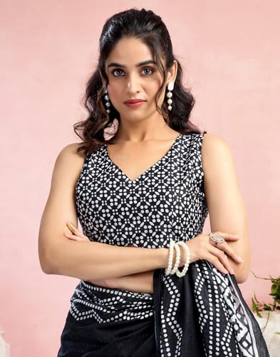 Image of SIRIL Women's Printed Cotton Saree with Unstitched Blouse Piece