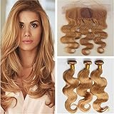 Tony Beauty Hair #27 Honey Blonde Body Wave Human Hair Silk Base Lace Frontal 13x4 with Bundles Light Brown Brazilian Wavy Human Hair Weaves 3 Bundles with Silk Top Frontal (14 16 18+12)