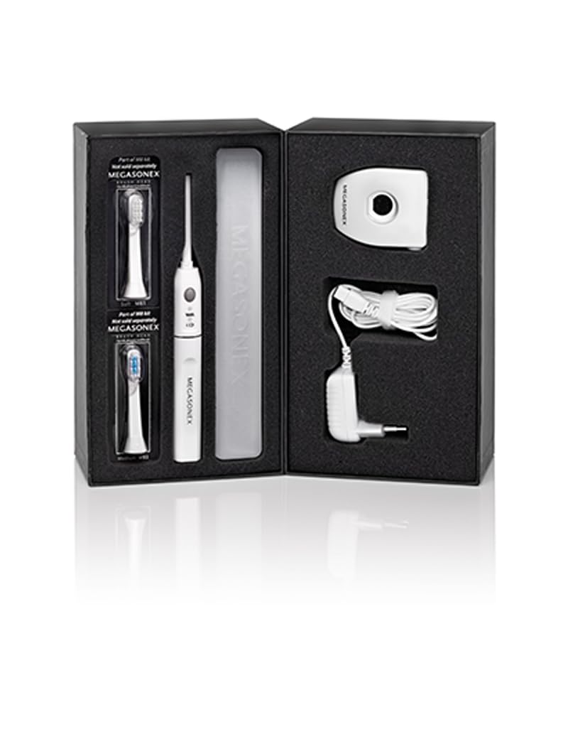 MEGASONEX Cepillo de dientes ultrasónico, válido también para perros blanco | Con modo de descanso extra sin vibración para perros o gatos pequeños y grandes. Incluye 2 cabezales de cepillo