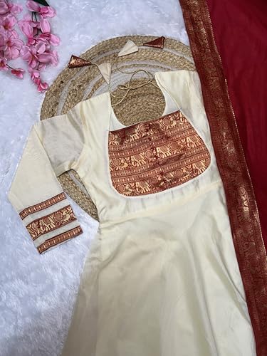 Image of Chanderi Cotton Anarkali Dress Set with Jacquard Weaving and Zari Border, Traditional Indian Ethnic Wear Gown for Weddings, Festivals, and Special Occasions