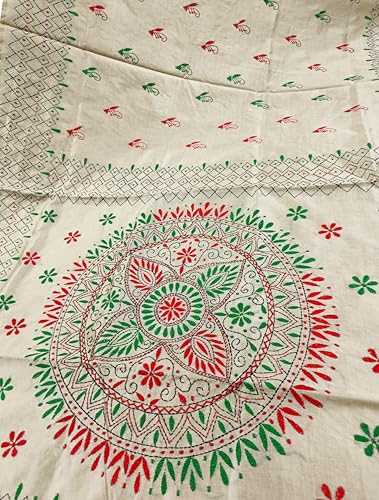 Image of SHRISTI CLOTHINGS Women's Hand Embroidered Cotton Silk Kantha Stitch Saree with Blouse Piece (SB420324 SWD57)
