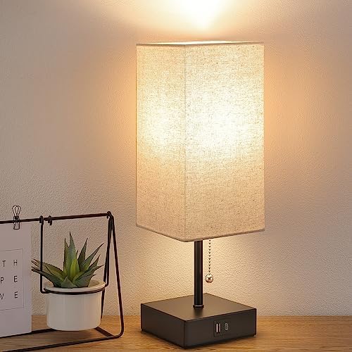 GGOYING Bedside Table Lamp, Pull Chain Table Lamp with USB C+A Charging Ports, 2700K LED Bulb, Fabric Linen Lampshade, Nightstand Lamp for Livingroom Bedroom Office Reading Working