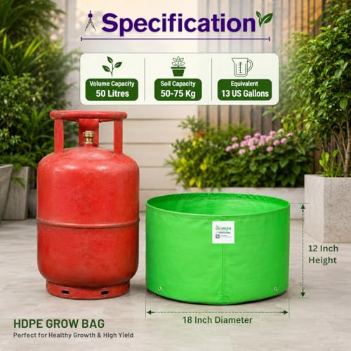 Image of HDPE Grow Bags for Plants 18X12 Inch (Pack of 8) | 260 GSM Heavy Duty UV-Protected Round Green Colour Plant Bags for Terrace and Vegetable Gardening | Strong & Reusable|