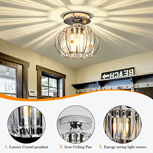 YYJLX Modern Semi Flush Mount Ceiling Light Fixture E26 Mini Crystal Chandelier Chrome Small Ceiling Lamp for Entryway Bedroom Bathroom Hallway Closet Foyer (Silver - Image 5