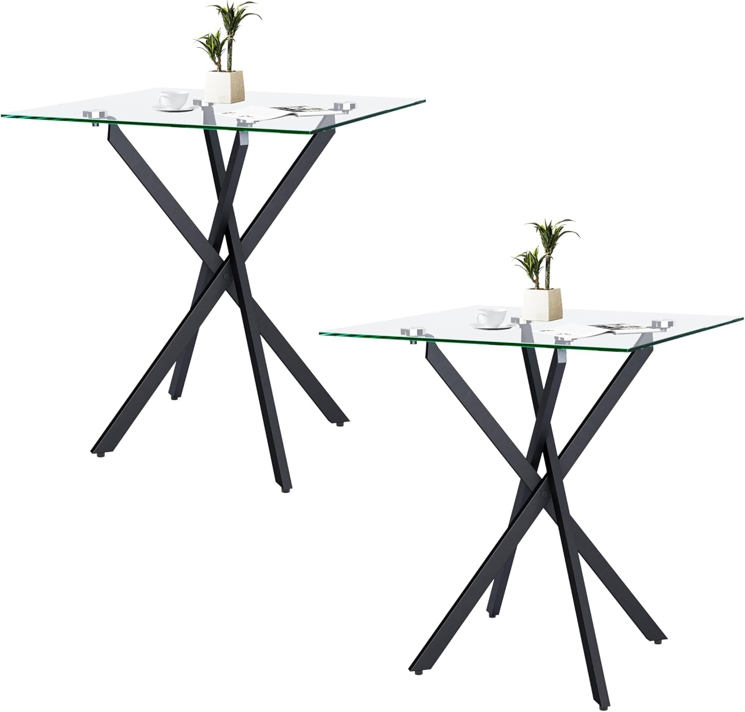 IMHKAM Side Tables 2 Set Square Glass Coffee Table Modern Living Room Table With Black Metal Frame for Living Room, Bedroom, Sofa, Black, 40x40x45cm