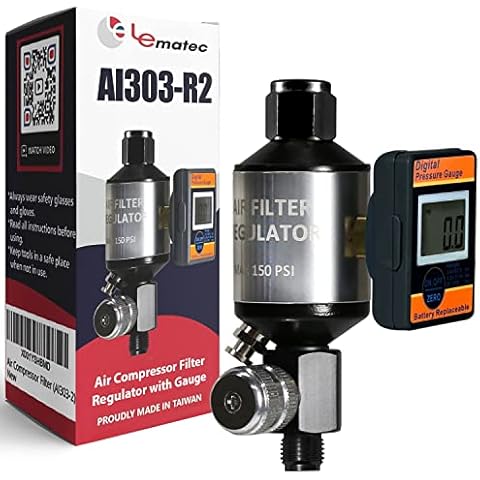LE LEMATEC Air Compressor Filter and Digital Air Pressure Gauge. Air Regulator and Inline air Dryer. 0-150 PSI, 1/4" NPT (AI303-R2) Cover