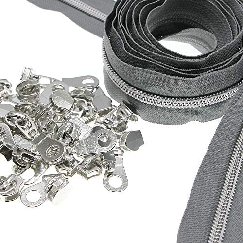 #5 Nylon Coil Zippers by The Yard Silver Metallic Teeth,Gray Tape Silver Plated Pulls,Bulk 10 Yards with 25 PCS Sliders Pulls,DIY Zippers for Tailor Sewing Crafts Bags Purses SHUNLI — image 1