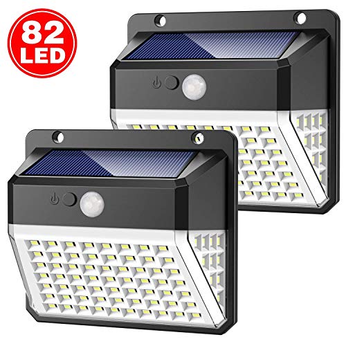 Lampes solaires d'extérieur, 82 LED de sécurité 3 modes sans fil avec détecteur de mouvement 270° à énergie solaire étanche pour jardin, porte d'entrée, cour (lot de 2)