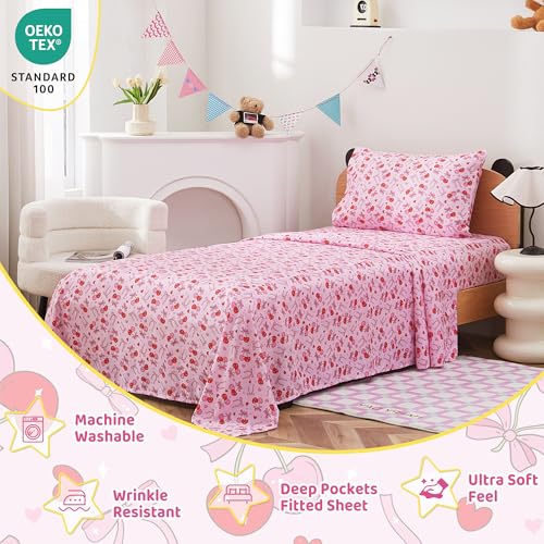 Image of Viviland 3 Pieces Girls Bow Cherry Twin Sheet Set - Soft Microfiber Fitted Flat Sheets & Pillowcase Bed Sheet Set - Pink Bedding Sets for Kids