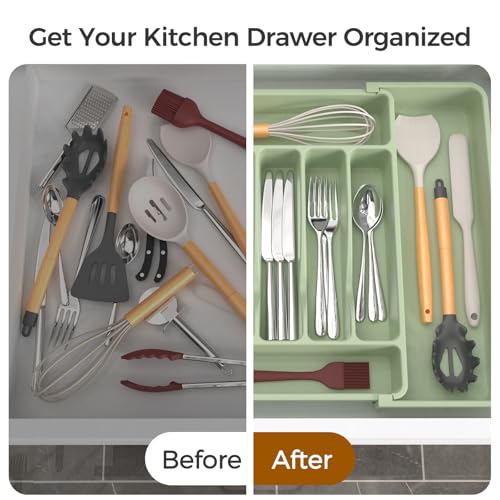 Extra Large Expandable Silverware Organizer, BPA-Free Food-Safe Cutlery Flatware Organizer, Kitchen Utensil Drawer Organizer, Adjustable Silverware Holder for Spoons Forks Knives, Green