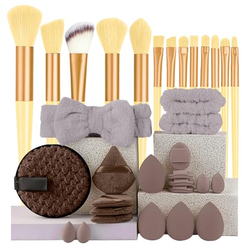 Set de 33 brochas de maquillaje. Brochas suaves para rostro, sombras de ojos, base, polvos sueltos y difuminado. 06,33 piezas