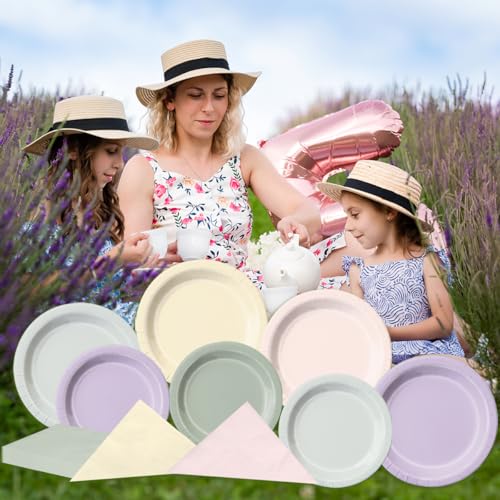 Image of CMUSKO Fairy Birthday Party Decorations - 60pcs Pink Purple Green Plates and Napkins for Spring Wildflower Butterfly Garden Tea Party Tableware Set