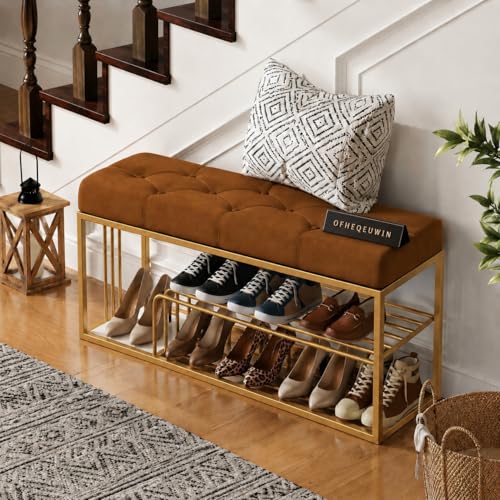Image of Entryway Shoe Rack with Cushioned Seat, Shoe Bench for Entry, 2 Shelves Storage Bed Bench Brown