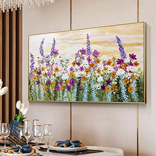 Aquarelle fleurs peinture art sur toile déco murale lavande moderne 50x100 cm