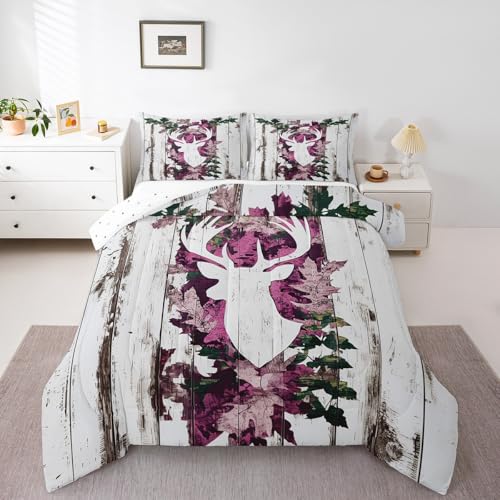 Image of Feelyou Deer Hunting Comforter Size Pink Camo Deer Bedding Set Boys Girls Deer Antlers Army Camouflage Comforter Western Duvet Insert with 1 Pillow Case