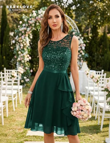 Image of BeryLove Womens Boat Neck A Line Sleeveless Lace Formal Homecoming Dress | Short Dress With Ruffle Hem, Sparkly Design Ideal For Wedding Guest,Bridesmaid Cocktail Prom & Evening Party Events