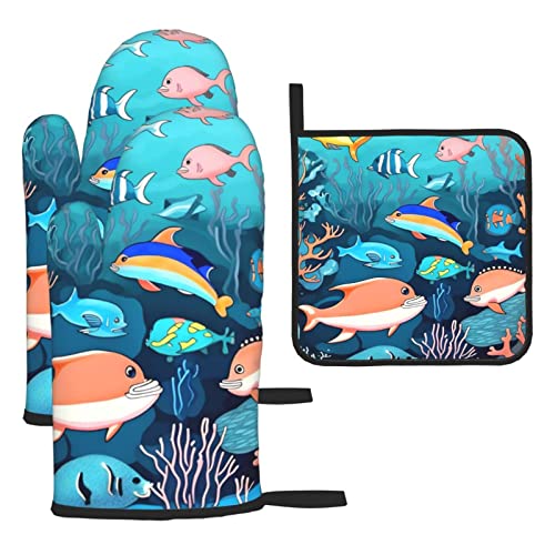 Sottomarino Dolphins - Set di 3 guanti da forno e presina per cucina, cottura, grigliate all'aperto e molto altro ancora.