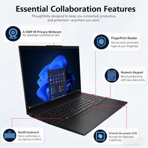 Image of Lenovo ThinkPad L16, 16 inch Touchscreen, Ultra 5 225U, 16GB DDR5, 512GB SSD | Premium E16 Business Laptop AI PC, FHD+ Anti-Glare, > Ultra 7 155U, 2x Thunderbolt 4, Numeric Keypad, IR Webcam, Win 11 Pro