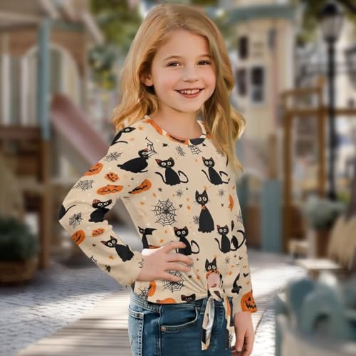 Girls Top Tees with Front Knot,Crew Neck Soft Kids T-Shirt,Casual Loose Girls Long Sleeve Shirts for School3