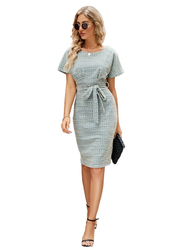 JASAMBAC Damen Tweed Bleistiftkleid, Elegantes Business, figurbetont, kurzärmelig, zum Arbeiten, Bürokleid