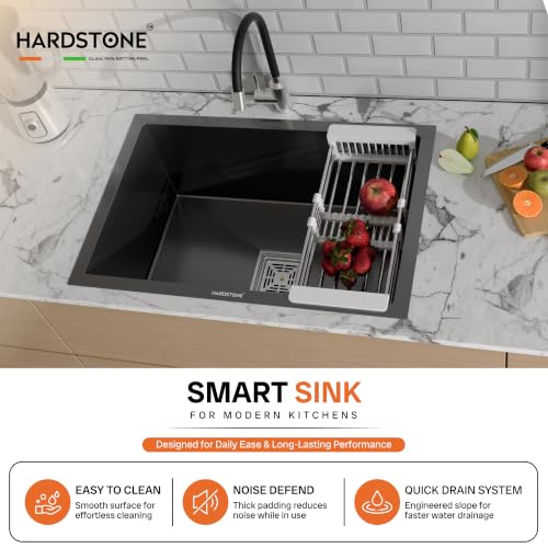 Image of HARDSTONE Premium Kitchen Sink | Single Bowl 24x18x9 Inch | Handmade Heavy Duty Stainless Steel Kitchen Basin with Matte Black Finish | Includes Waste Hose Pipe, Coupling & Compact Drying Rack | BLACK