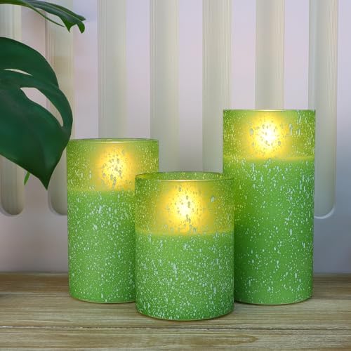 Image of Green Flameless Candles With Remote LED Flickering Pillar Candles Set of 3 | Realistic Flickering Flame Timer Brightness Control Battery Operated LED Candles for Halloween Christmas Holiday & Home Decor