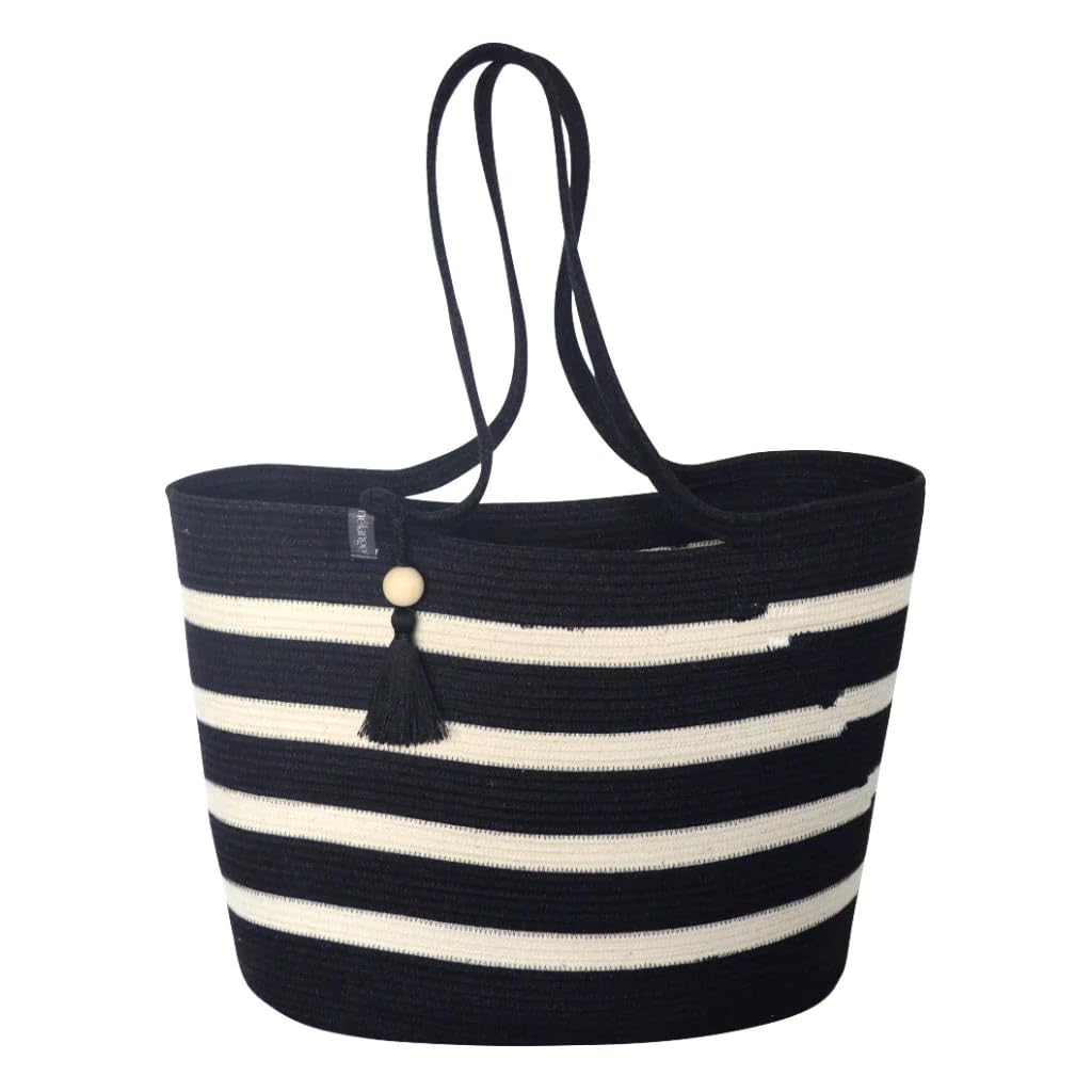 The Rugs Gallery Braided Jute & Cotton Hand Bag | Womens Tote Shoulder Bag with Rope Handles Multi-Purpose Use-Pack of 1- (White Mix & Black) (B0CSD9LZNX) Amazon Price History, Amazon Price Tracker