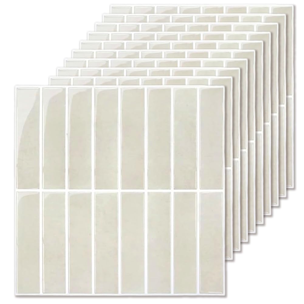 Baldosas Adhesivas Pared, Vinilo Azulejos Adhesivos Cocina Baño Metro, Beige 3D Pegatinas Paneles Decorativas Pared Peel Stick Tiles, Rectángulo Metro Baldosa de Pared (10 Piezas, 30.5 x 30.5 cm)
