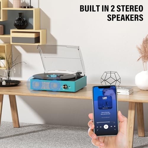 Image of Record Player for Vinyl with 2 Build-in Speakers LP Vinyl Players Belt-Driven Vintage Turntables 3 Speed 3 Size, Wireless Bluetooth Playback, AUX-in, RCA Out, Headphone, Auto Stop Sea Blue