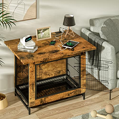 Wasagun Dog Kennel Furniture For Small Dogs, Wood Dog Crate End Table With Outlets, Dog Crate Side Table With Pull-Out Tray, Three-Door Dog Kennel Furniture For Dogs 30 Lb Indoor, Rustic Brown #TOP1