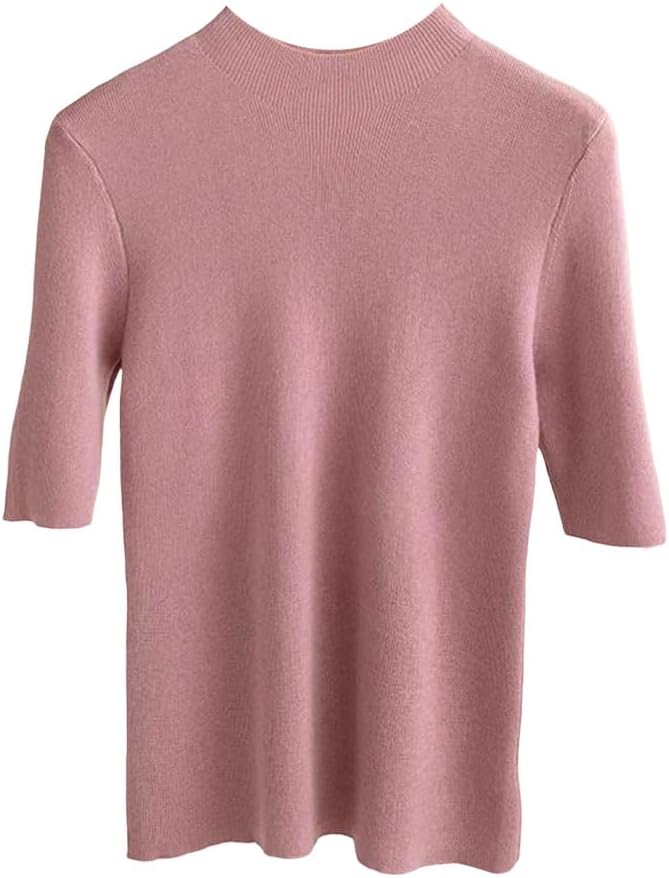 Women's Mock Neck Short Sleeve Sweater Slim Fit Wool Pullover Tight Knit Top
