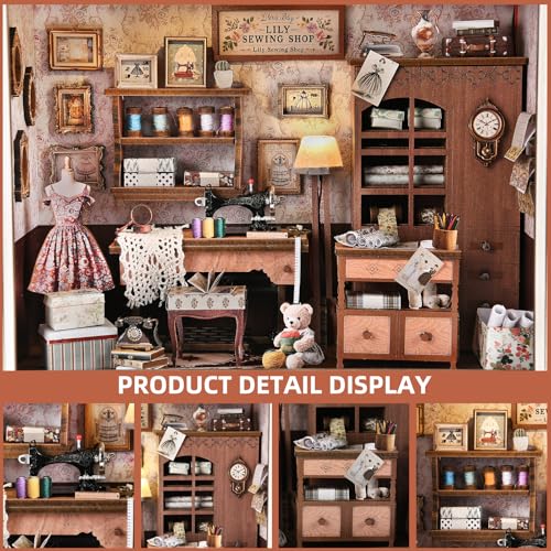Book Nook Kit - 3D Wooden Puzzle with LED Switch Control & Wall-Mountable Frame,DIY Miniature House for Beginners,Bookshelf/Tabletop/Wall Decor for Craft Lovers,Dollhouse Gift (Lily Sewing Shop) - image 3