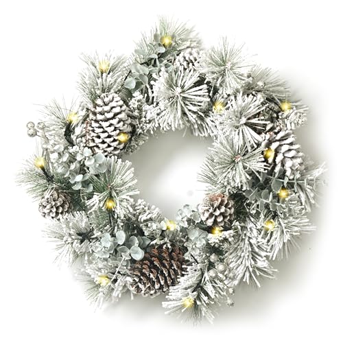 VALERY MADELYN 45cm Pre-Lit Corona de Navidad Grande, Plata 20 Luces LED 8 Modos, Base de Ratán, Adornos de Piña, Bayas, Decoración de Navidad para Hogar, Ventana, Puerta, Pared (Invierno Congelado)