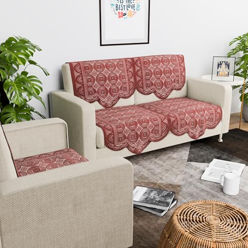 Image of Kuber Industries (Set of 6) Stylish & Durable Cotton Sofa Covers 2+1 Seater | Washable Sofa Protector /Mat & Slipcover for Living Room & Office | Plain Circle - Maroon