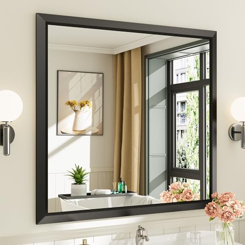 40x38 Inch Black Bathroom Mirror for Wall, Thick Metal Framed Rectangle Mirrors for Over Sink, Bedroom, Living Room, Entryway, Anti-Rust, HD Tempered Glass