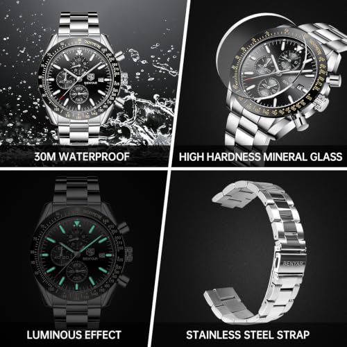 Image of BENYAR Mens Watches Quartz Movement Chronograph Leather Strap Fashion Business Sport Design 30M Waterproof Scratch Resistant Elegant Gifts for Men