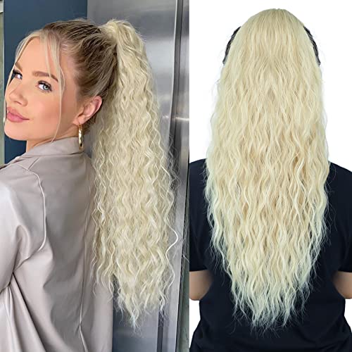 Rosooi 26 Inch Long Black Drawstring Ponytail Extension for Women Synthetic Long Curly Wavy Clip in Ponytail Hair Extensions for Daily Party Use (26 Inch, Honey Blonde Mix Bleach Blonde)