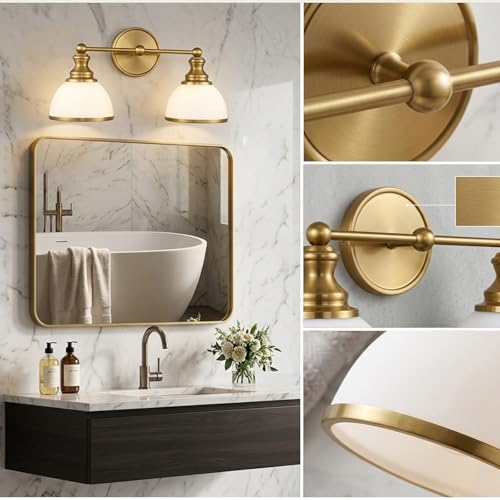 Image of Hamilyeah 2-Light Gold Bathroom Vanity Light, Brushed Gold Vanity Light Fixture Over Mirror with Milky White Glass Shades, Vintage Wall Sconce for Bathroom, Powder Room