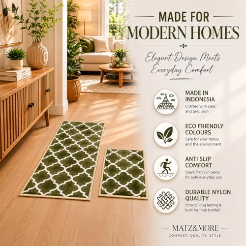 Image of Matz&More Anti Slip Kitchen Runner Mat & Doormat Combo (50x120cm + 40x60cm), Nylon Tufted Floor Carpet with Rubber Backing for Kitchen, Hallway, Bedroom, Bathroom & Entrance, Trellis Dark Olive