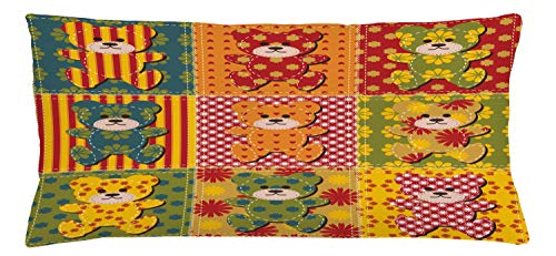 Lunarable Cabin Throw Pillow Cushion Cover, Colorful Pattern with Patchwork Style Teddy Bears Toys Funny Print, Decorative Square Accent Pillow Case, 36