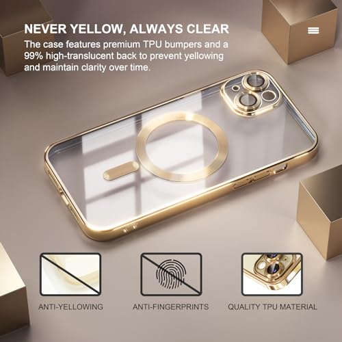 Image of Misea Magnetic for iPhone 15 Plus Case Compatible with MagSafe Gold | [Never Yellowing] [Military Drop Protection] Full Camera Lens Protector Plating Soft Clear Phone Case for Women, Gold