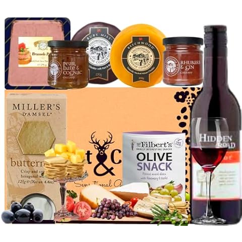 The Snowdonia Cheese and Red Wine Hamper Set - 2 Award Winning Cheeses, Snowdonia Rhubarb Gin and Pear Cognac Chutneys, Olives, Butter Milk Biscuits - Cheese Gift Set for both Men and Women Cover