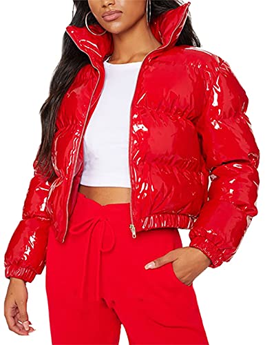 UANEO Women's Cropped Puffer Jacket Winter Shiny Zip Up Short Bubble Puffy Coats(Red, Medium)
